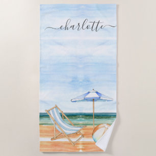 Personalized Watercolor Beach Chair Ball Umbrella Towel