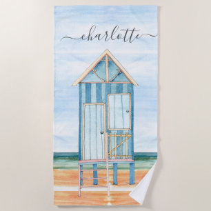 Personalized Watercolor Beach Hut Beach Beach Towel