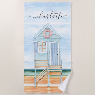 Personalized Watercolor Beach Hut Beach Towel