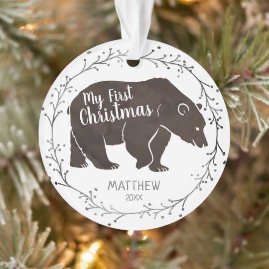 Personalized Watercolor Bear Baby First Christmas Ornament Zazzle Ca