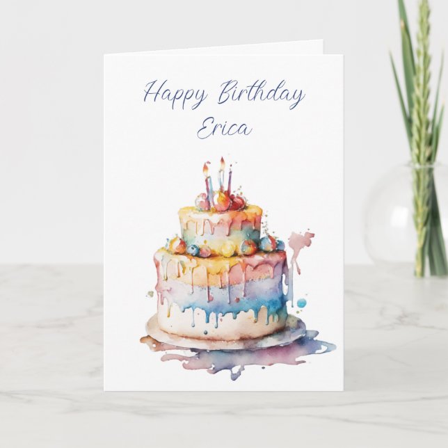 Personalized Watercolor Birthday Cake Holiday Card (Front)