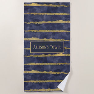 Personalized Watercolor Blue and Gold Look Beach Towel