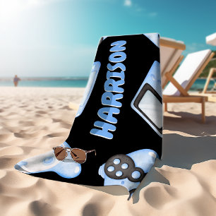 Personalized Watercolor Blue Gaming Beach Towel