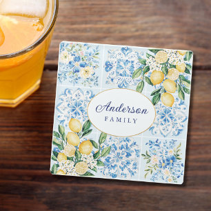Personalized Watercolor Blue Italian Tile Lemon Glass Coaster