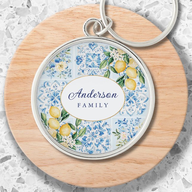 Personalized Watercolor Blue Italian Tile Lemon Keychain (Close up)