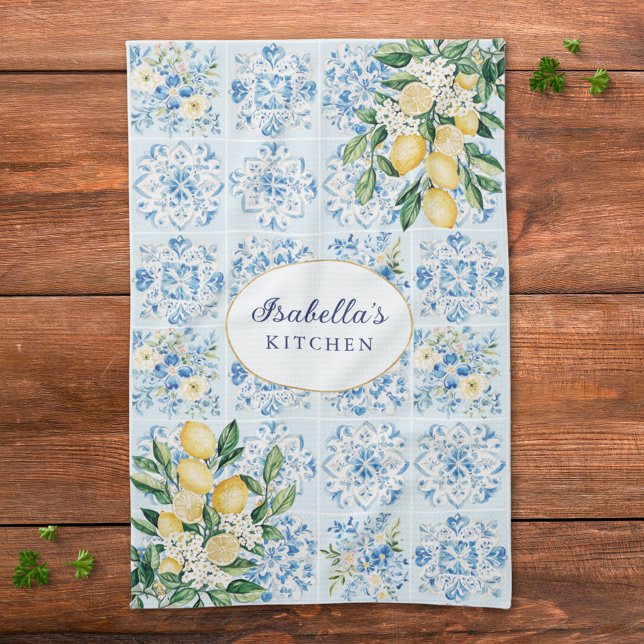 Personalized Watercolor Blue Italian Tile Lemon  Kitchen Towel (Close up)
