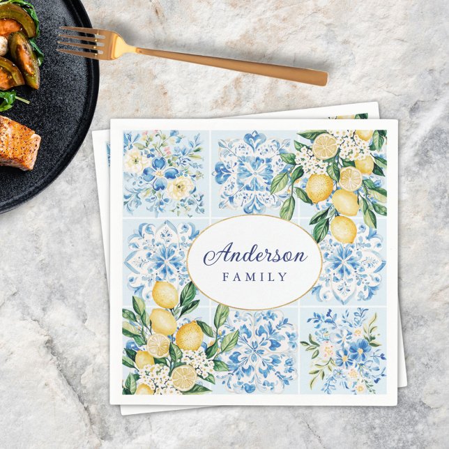 Personalized Watercolor Blue Italian Tile Lemon Napkin (In situ)