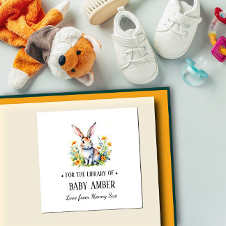 Personalized Watercolor Bunny Baby Bookplate Stick Square Sticker
