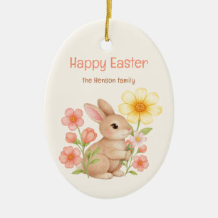 Personalized Watercolor Bunny Happy Easter  Ceramic Ornament