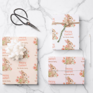 Personalized Watercolor Bunny Happy Easter  Wrapping Paper Sheet