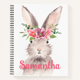Personalized Watercolor Bunny pink flowers name Notebook