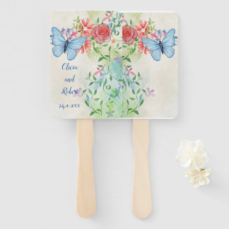 Personalized watercolor butterfly and red rose hand fan
