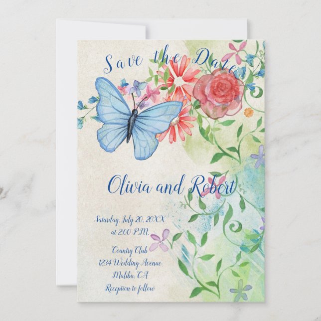 Personalized watercolor butterfly and red rose save the date (Front)