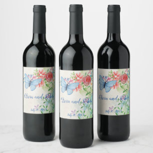 Personalized watercolor butterfly and red rose wine label