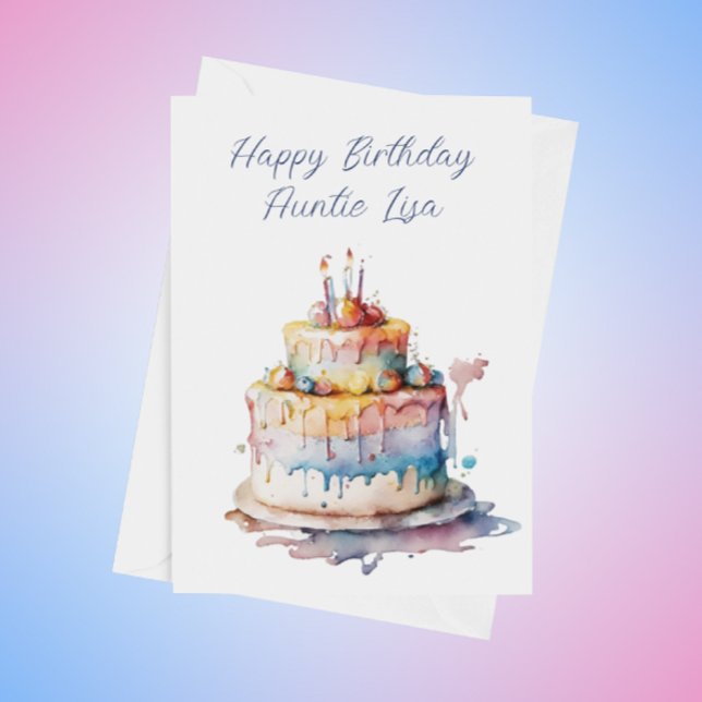 Personalized Watercolor Cake Aunt's Birthday Holiday Card (Creator Uploaded)