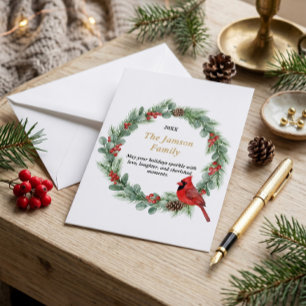 Personalized Watercolor Cardinal Christmas Wreath RSVP Card