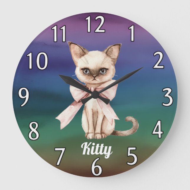 Personalized Watercolor Cat Photo & Name Wall  Large Clock (Front)