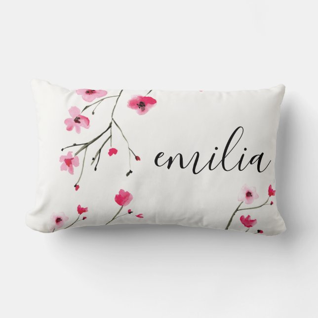 Personalized watercolor cherry blossom painting  lumbar pillow (Front)