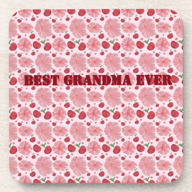 Personalized Watercolor Cherry Floral Pattern,  Coaster (Front)