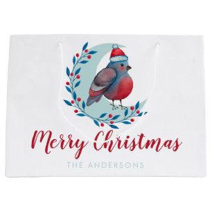 Personalized Watercolor Christmas Bird On Moon Large Gift Bag