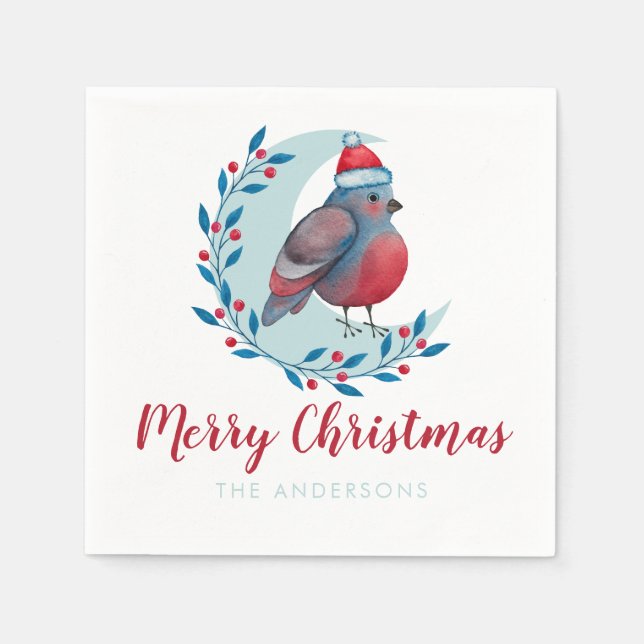 Personalized Watercolor Christmas Bird On Moon Napkin (Front)