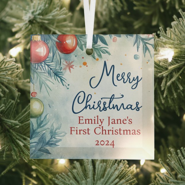Personalized Watercolor Christmas Glass Ornament (Insitu)