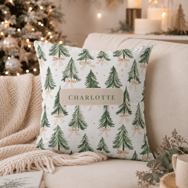 Personalized Watercolor Christmas Tree Name  Throw Pillow (Creator Uploaded)