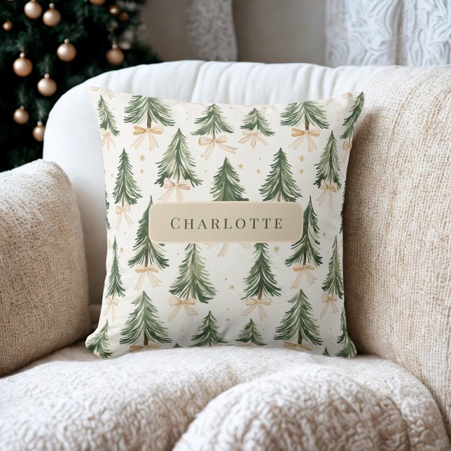Personalized Watercolor Christmas Tree Name  Throw Pillow (Creator Uploaded)