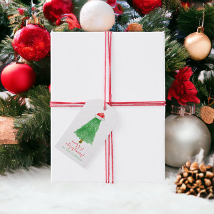 Personalized Watercolor Christmas Tree Santa Hat Gift Tags