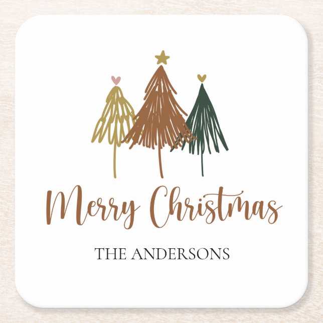 Personalized Watercolor Christmas Tree Square Paper Coaster (Front)