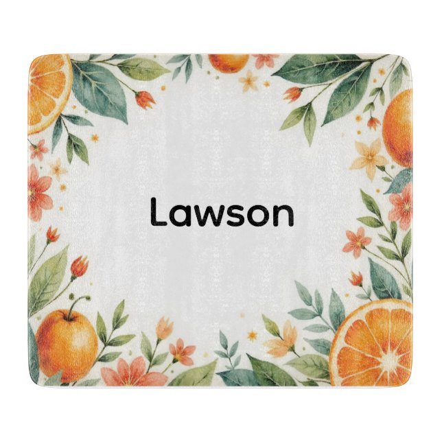 Personalized Watercolor Citrus Glass Cutting Board (Front)