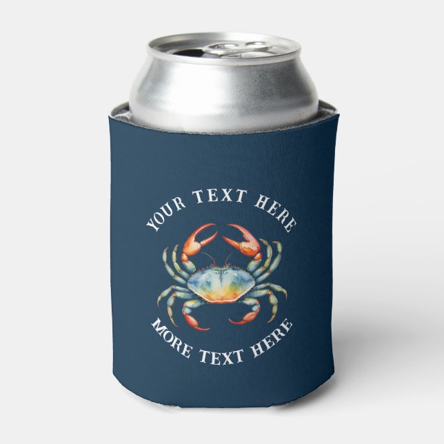 Personalized Watercolor Crab Summer Beach Nautical Can Cooler (Can Front)