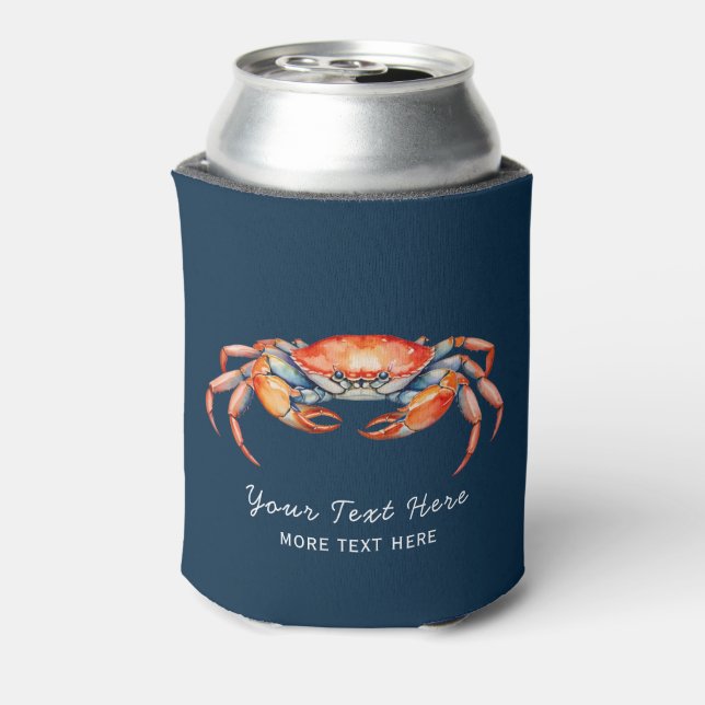 Personalized Watercolor Crab Summer Beach Nautical Can Cooler (Can Back)