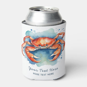 Personalized Watercolor Crab Summer Beach Nautical Can Cooler