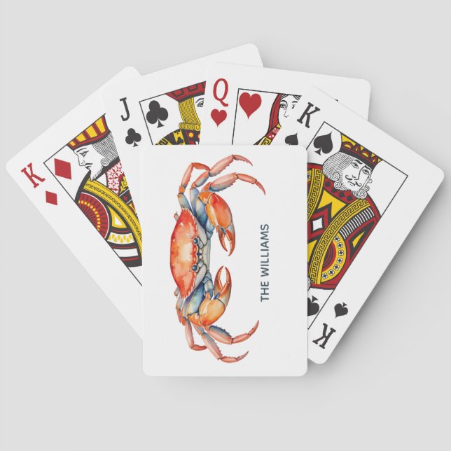 Personalized  Watercolor Crab Summer Beach    Playing Cards (Back)