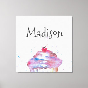 Personalized Watercolor Cupcake Splatter Nursery Canvas Print