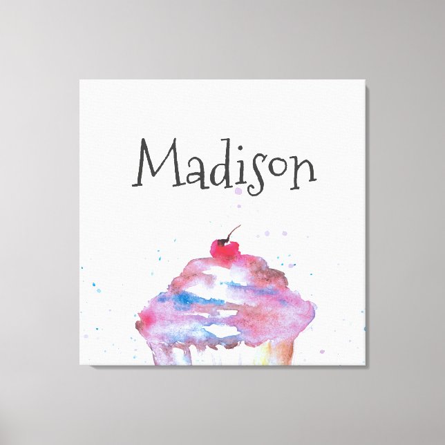 Personalized Watercolor Cupcake Splatter Nursery Canvas Print (Front)