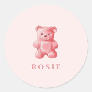 Personalized Watercolor Cute Pink Gummy Bear Classic Round Sticker