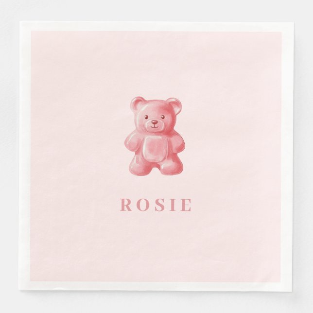 Personalized Watercolor Cute Pink Gummy Bear Napkin (Front)