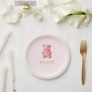 Personalized Watercolor Cute Pink Gummy Bear Paper Plate