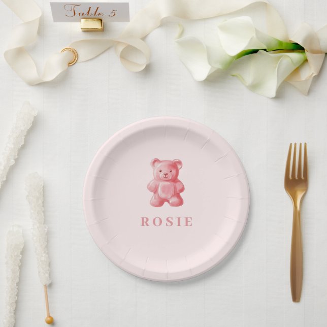 Personalized Watercolor Cute Pink Gummy Bear Paper Plate (Wedding)