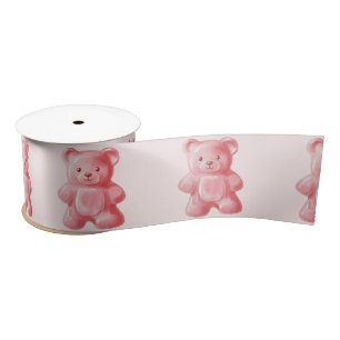 Personalized Watercolor Cute Pink Gummy Bear Satin Ribbon