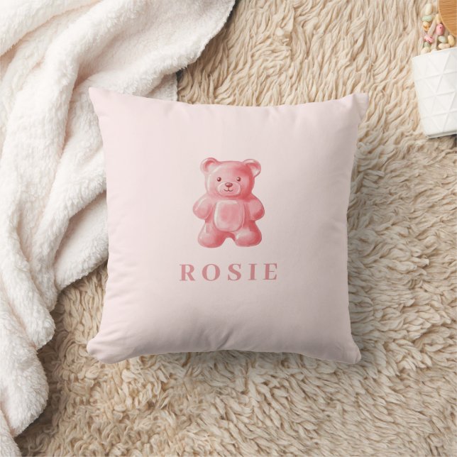 Personalized Watercolor Cute Pink Gummy Bear Throw Pillow (Blanket)