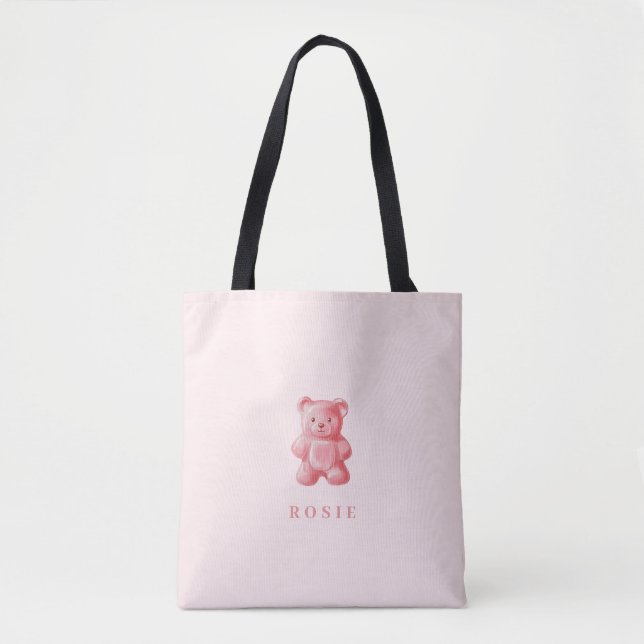 Personalized Watercolor Cute Pink Gummy Bear Tote Bag (Front)