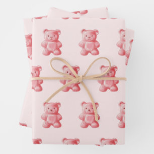 Personalized Watercolor Cute Pink Gummy Bear Wrapping Paper Sheet
