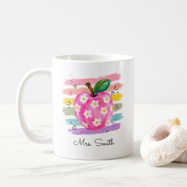Personalized Watercolor Daisy Apple Coffee Mug (With Donut)