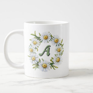 Personalized Watercolor Daisy Wreath with Custom N Large Coffee Mug
