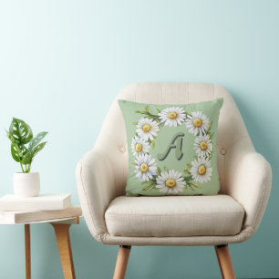 Personalized Watercolor Daisy Wreath with Custom N Throw Pillow