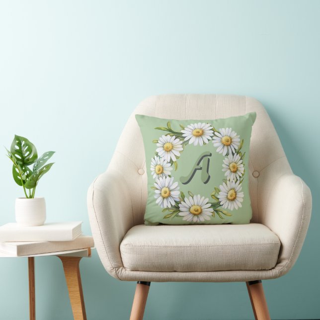 Personalized Watercolor Daisy Wreath with Custom N Throw Pillow (Chair)