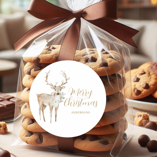 Personalized Watercolor Deer Christmas  Classic Round Sticker (Creator Uploaded)